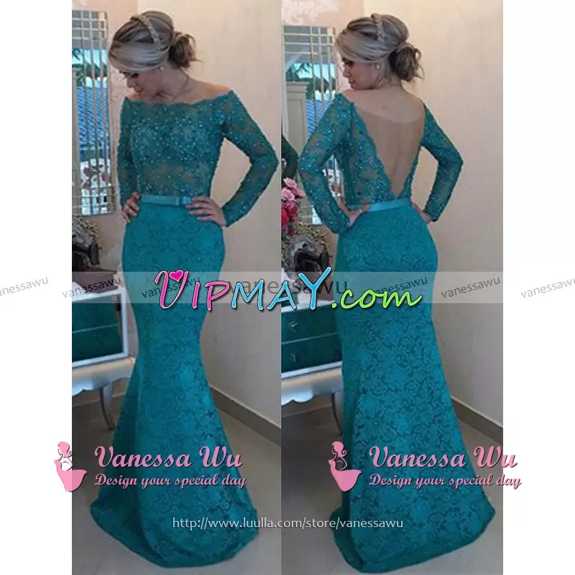 Long Sleeves Lace Floor Length Side Zipper Homecoming Dress in Green with Appliques and Belt