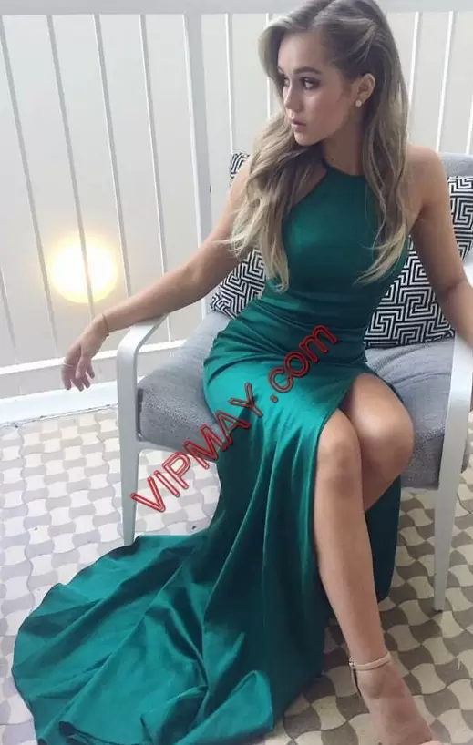 Super Scoop Sleeveless Brush Train Lace Up Prom Evening Gown Green Ruching