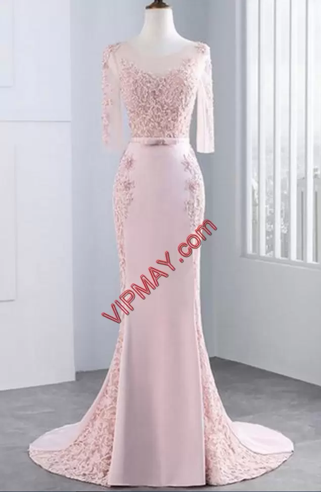 Pink Satin Lace Up Prom Dresses 3 4 Length Sleeve Sweep Train Lace