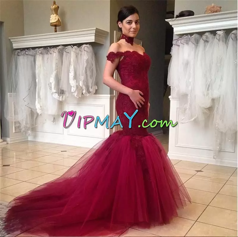 Burgundy Off The Shoulder Neckline Lace and Appliques Prom Dress Sleeveless Zipper