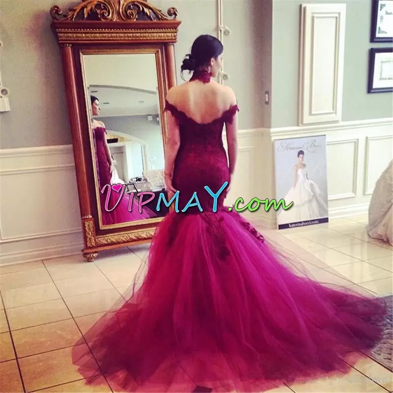 Burgundy Off The Shoulder Neckline Lace and Appliques Prom Dress Sleeveless Zipper