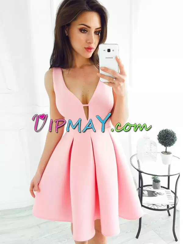 Unique Mini Length Pink Evening Dress Satin Sleeveless Ruching