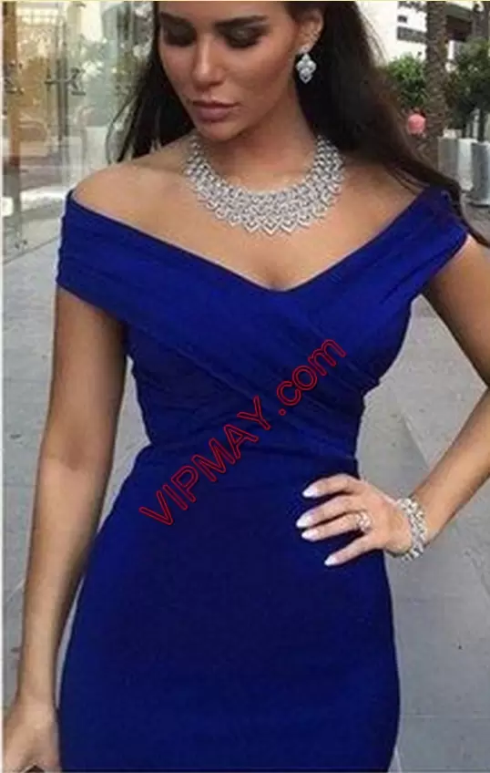 Sweep Train Mermaid Homecoming Dress Online Royal Blue Off The Shoulder Satin Sleeveless With Train Lace Up