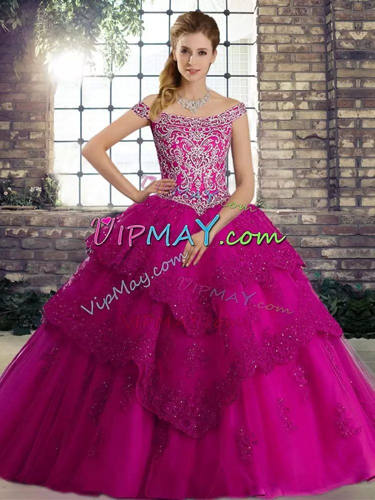 Fuchsia Tulle Lace Up Quinceanera Gowns Sleeveless Brush Train Beading and Lace