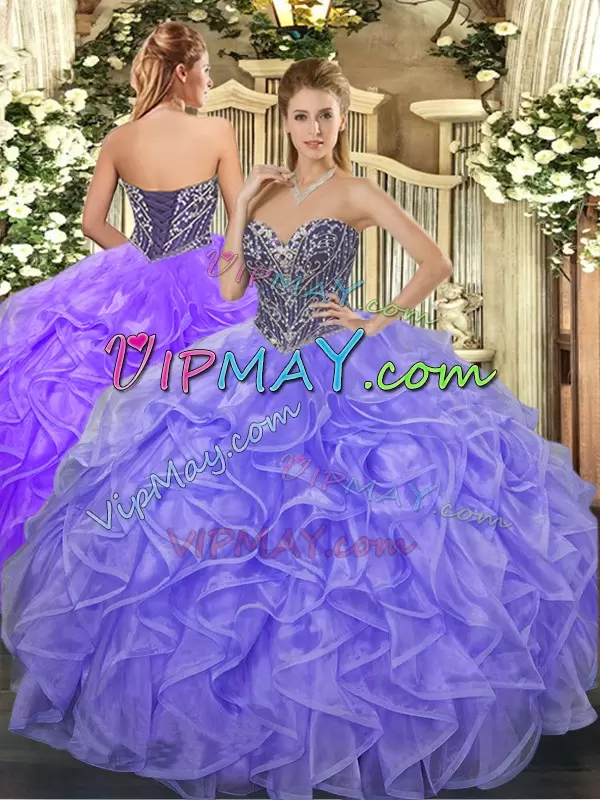 Lavender Organza Lace Up Sweet 16 Dresses Sleeveless Floor Length Beading and Ruffles