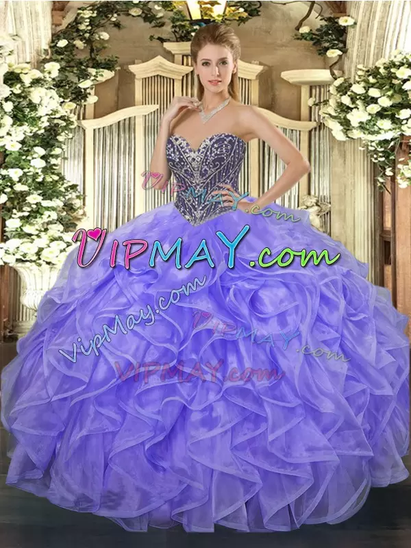 Lavender Organza Lace Up Sweet 16 Dresses Sleeveless Floor Length Beading and Ruffles