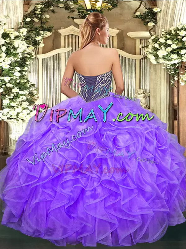 Lavender Organza Lace Up Sweet 16 Dresses Sleeveless Floor Length Beading and Ruffles