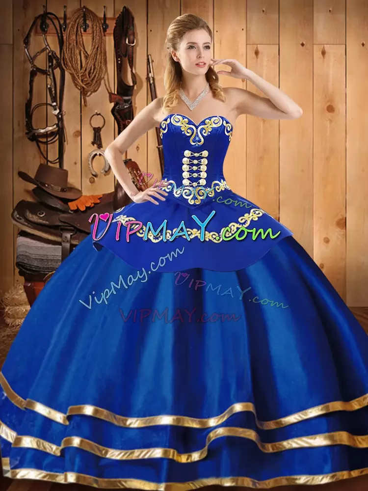 Captivating Blue Ball Gowns Organza Sweetheart Sleeveless Embroidery Floor Length Lace Up Sweet 16 Dress