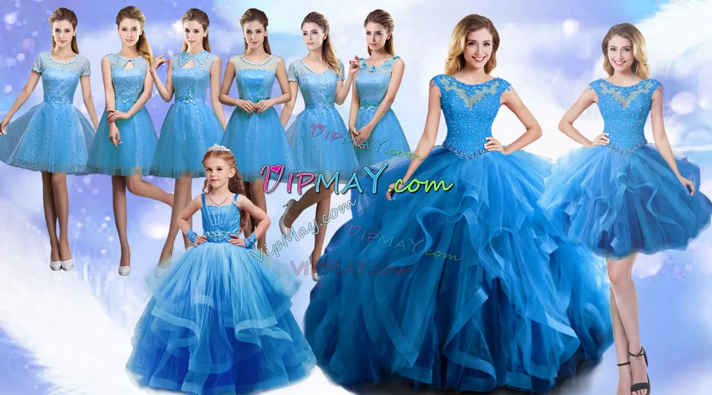 Colorful Organza Scoop Sleeveless Lace Up Beading and Ruffles Sweet 16 Dress in Baby Blue