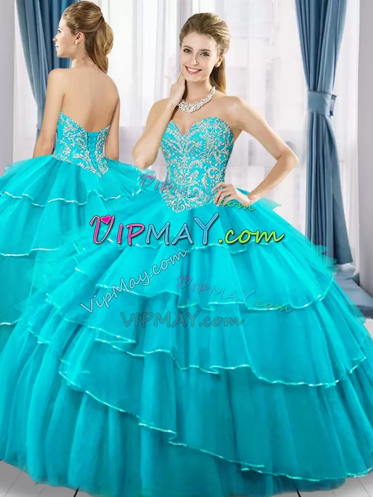 Aqua Blue Lace Up Sweetheart Beading and Ruffled Layers 15 Quinceanera Dress Tulle Sleeveless