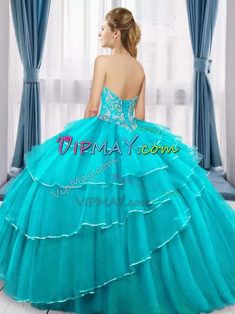 Aqua Blue Lace Up Sweetheart Beading and Ruffled Layers 15 Quinceanera Dress Tulle Sleeveless