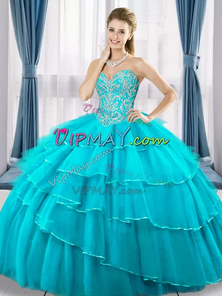 Aqua Blue Lace Up Sweetheart Beading and Ruffled Layers 15 Quinceanera Dress Tulle Sleeveless