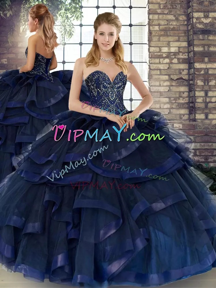 Popular Floor Length Navy Blue Quinceanera Gown Sweetheart Sleeveless Lace Up