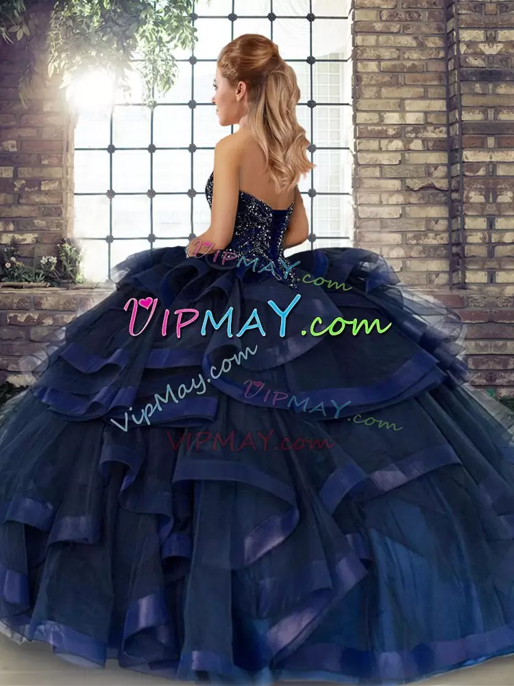 Popular Floor Length Navy Blue Quinceanera Gown Sweetheart Sleeveless Lace Up