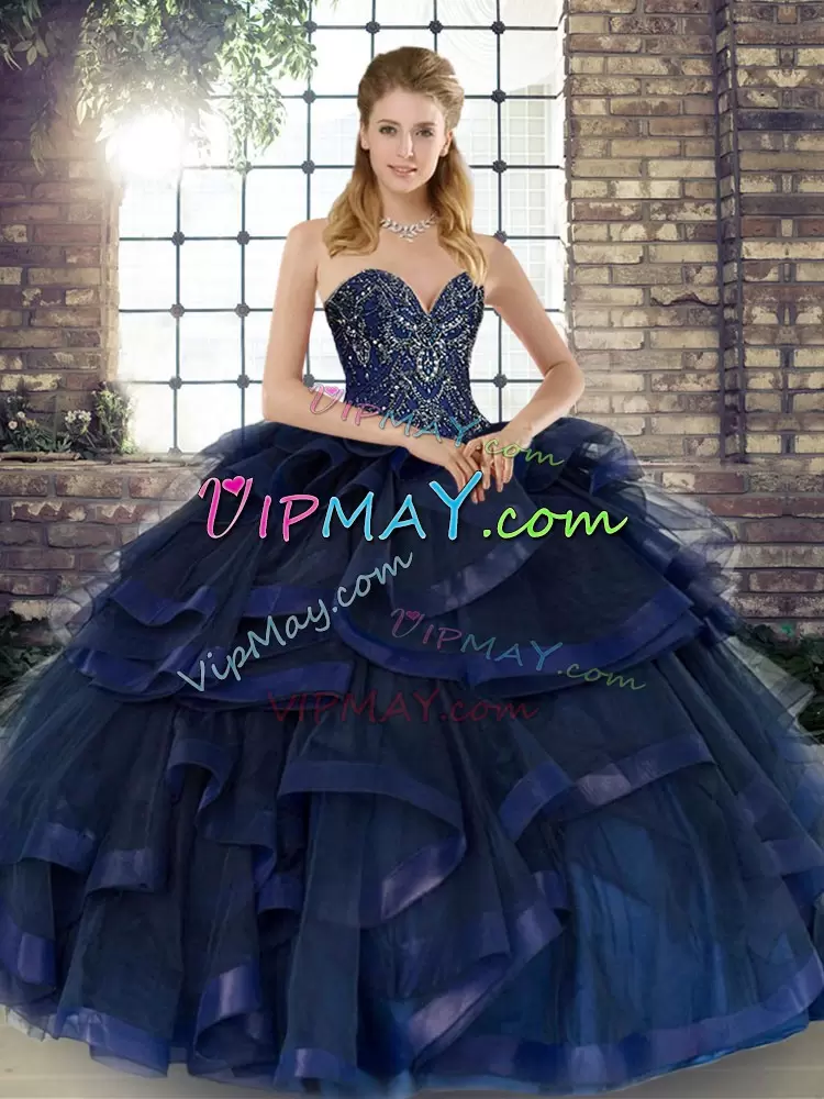 Popular Floor Length Navy Blue Quinceanera Gown Sweetheart Sleeveless Lace Up