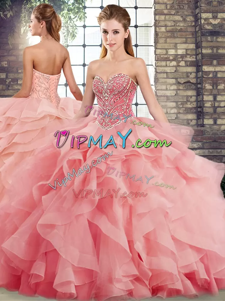 Delicate Brush Train Two Pieces Quinceanera Gown Watermelon Red Sweetheart Tulle Sleeveless Lace Up