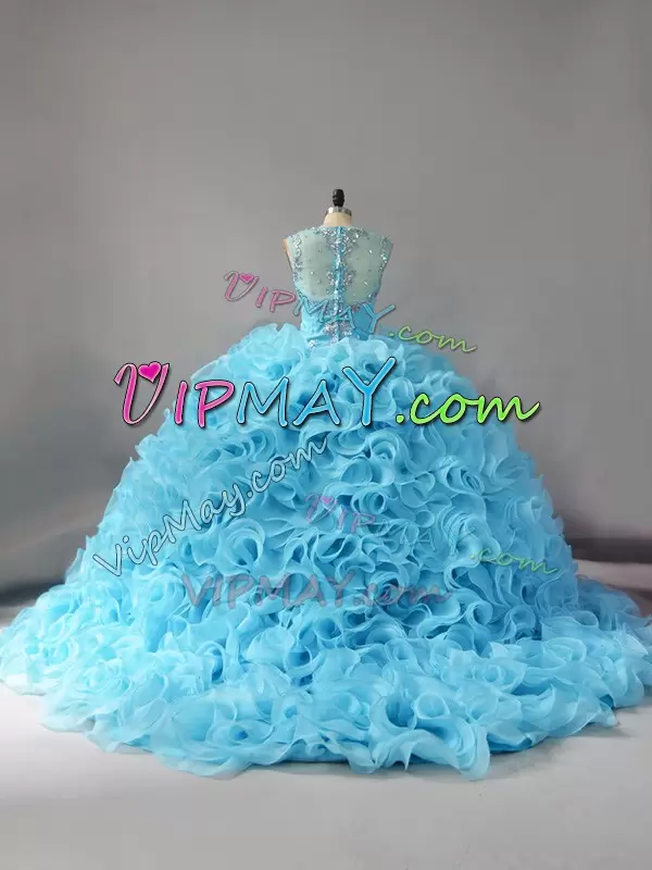 Super Ball Gowns Sleeveless Baby Blue Quinceanera Dress Court Train Zipper