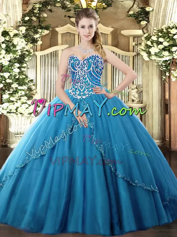 Blue Ball Gowns Sweetheart Sleeveless Tulle Brush Train Lace Up Beading 15th Birthday Dress