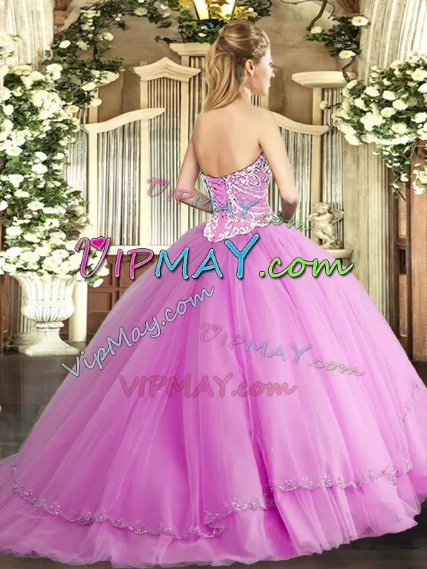 Blue Ball Gowns Sweetheart Sleeveless Tulle Brush Train Lace Up Beading 15th Birthday Dress