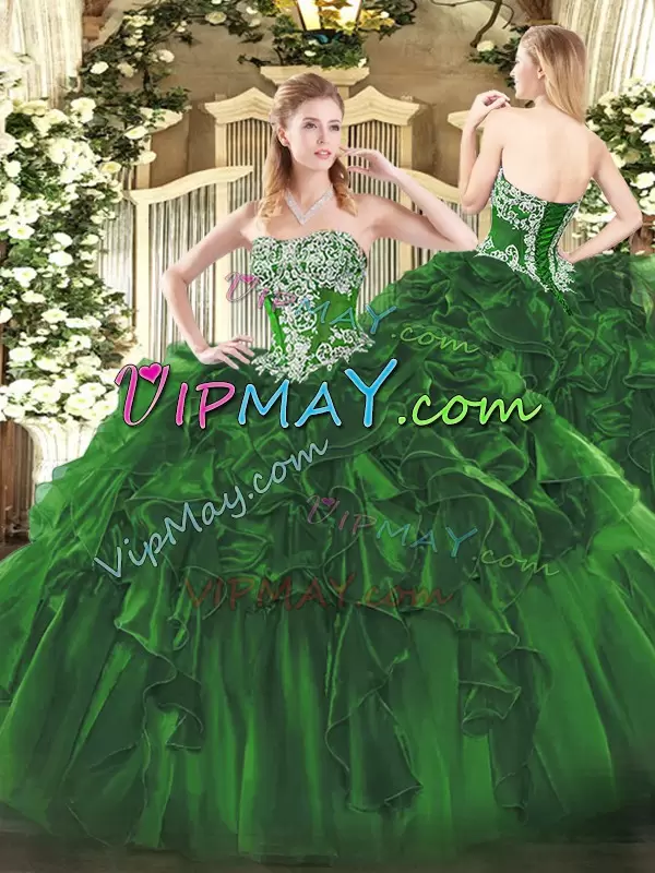 Vintage Beading and Ruffles Quinceanera Gowns Dark Green Lace Up Sleeveless Floor Length