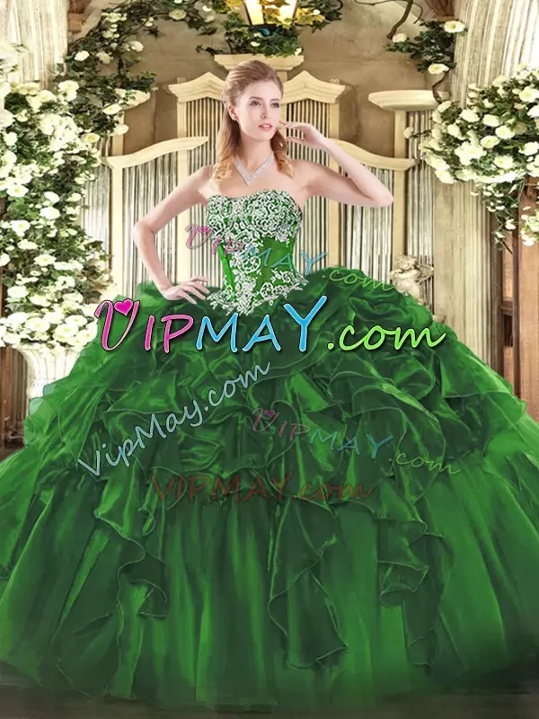 Vintage Beading and Ruffles Quinceanera Gowns Dark Green Lace Up Sleeveless Floor Length