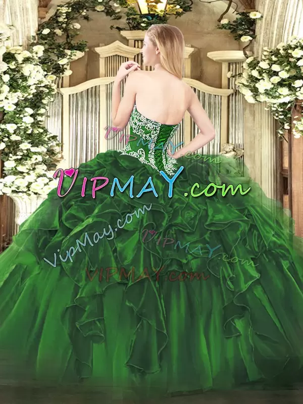 Vintage Beading and Ruffles Quinceanera Gowns Dark Green Lace Up Sleeveless Floor Length