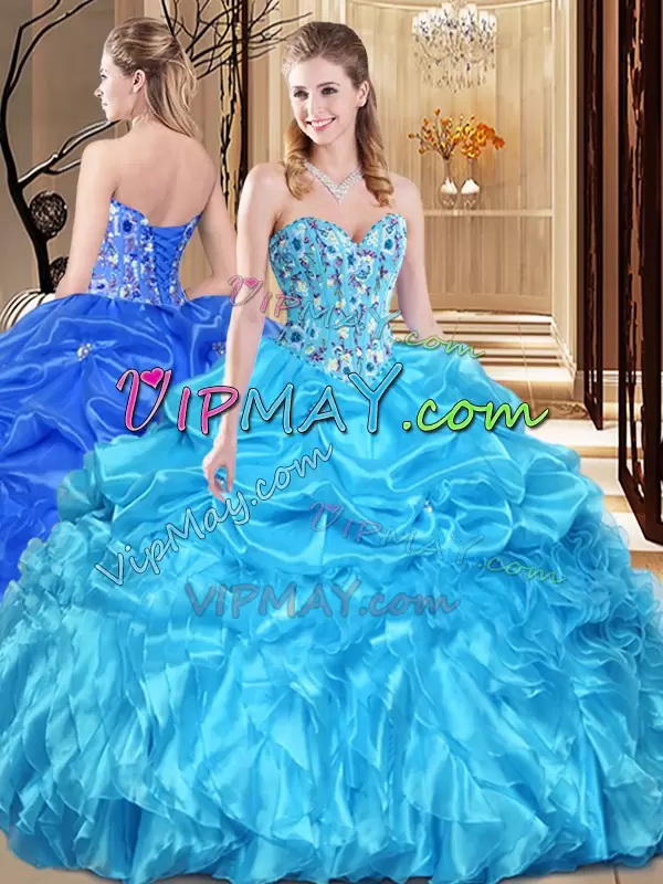 Unique Floor Length Aqua Blue Ball Gown Prom Dress Sweetheart Sleeveless Lace Up