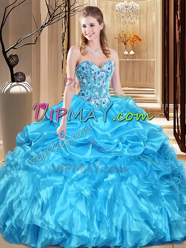 Unique Floor Length Aqua Blue Ball Gown Prom Dress Sweetheart Sleeveless Lace Up