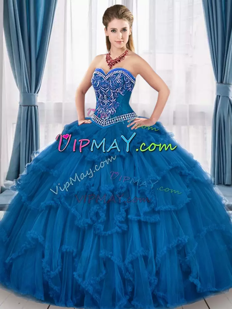 Sweetheart Sleeveless Lace Up Sweet 16 Dress Teal Tulle Beading