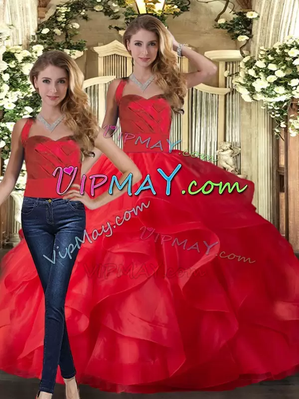 Inexpensive Red Lace Up Halter Top Ruffles Quinceanera Dresses Tulle Sleeveless