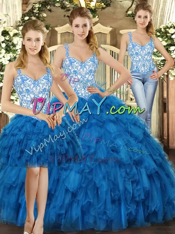 Blue Three Pieces Beading and Ruffles 15 Quinceanera Dress Lace Up Organza Sleeveless Floor Length