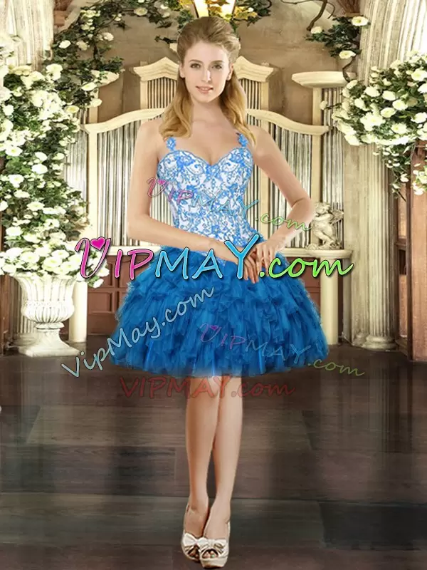 Blue Three Pieces Beading and Ruffles 15 Quinceanera Dress Lace Up Organza Sleeveless Floor Length