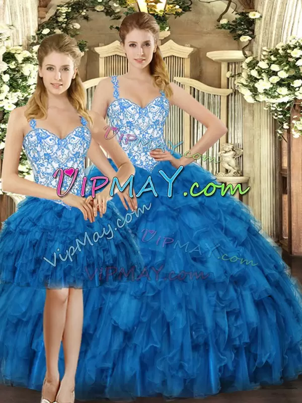 Blue Three Pieces Beading and Ruffles 15 Quinceanera Dress Lace Up Organza Sleeveless Floor Length