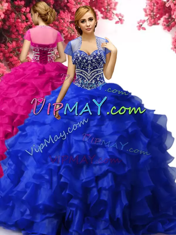 Attractive Sweetheart Sleeveless Lace Up 15th Birthday Dress Royal Blue Organza Beading and Ruffles