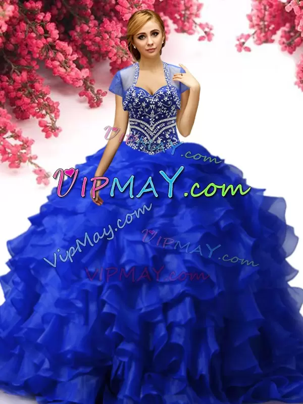 Attractive Sweetheart Sleeveless Lace Up 15th Birthday Dress Royal Blue Organza Beading and Ruffles