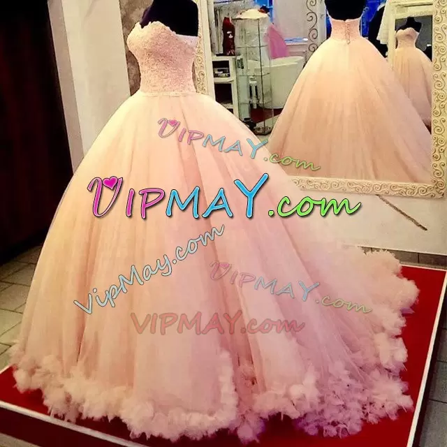 Floor Length Pink 15th Birthday Dress Tulle Sleeveless Beading and Embroidery and Hand Made Flower