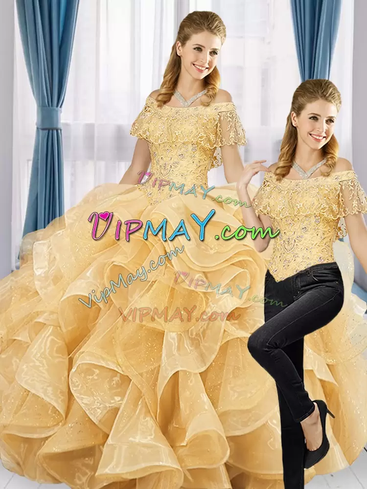 Floor Length Gold Sweet 16 Dress Organza Sleeveless Beading and Ruffles