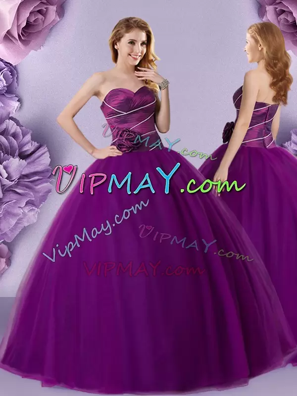 Customized Sweetheart Sleeveless Quince Ball Gowns Floor Length Hand Made Flower Eggplant Purple Tulle