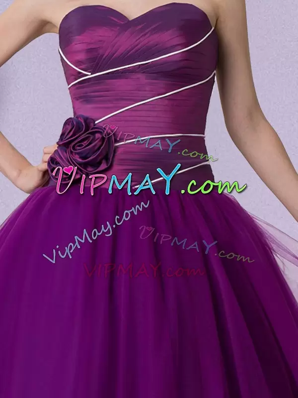 Customized Sweetheart Sleeveless Quince Ball Gowns Floor Length Hand Made Flower Eggplant Purple Tulle