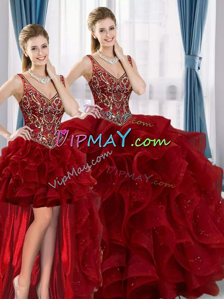 Popular Floor Length Wine Red Sweet 16 Dress V-neck Sleeveless Lace Up