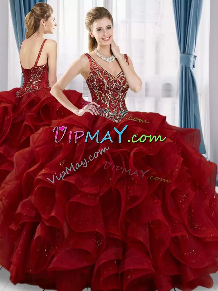 Popular Floor Length Wine Red Sweet 16 Dress V-neck Sleeveless Lace Up