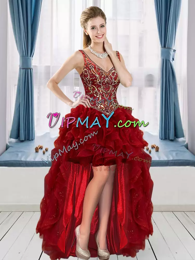 Popular Floor Length Wine Red Sweet 16 Dress V-neck Sleeveless Lace Up