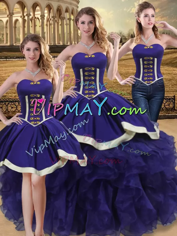 Beading and Ruffles Ball Gown Prom Dress Purple Lace Up Sleeveless Floor Length