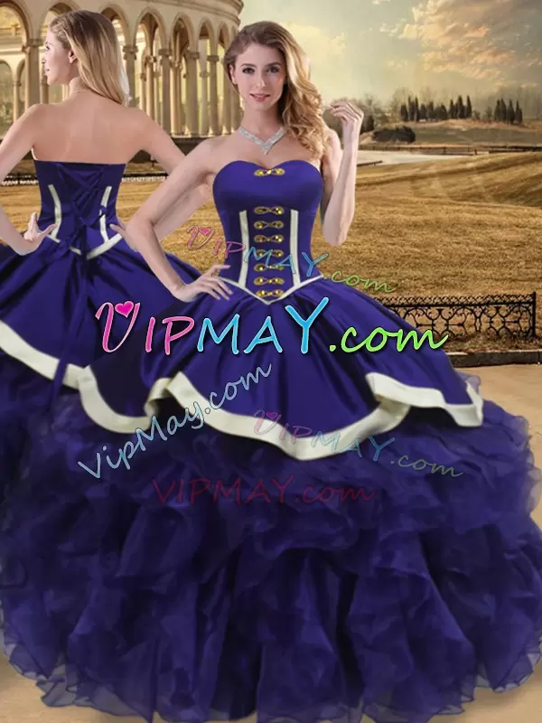 Beading and Ruffles Ball Gown Prom Dress Purple Lace Up Sleeveless Floor Length