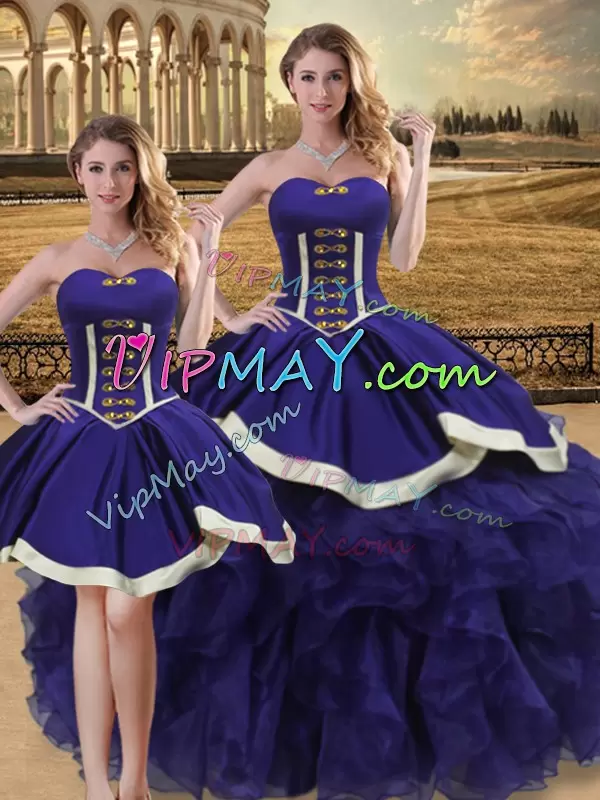 Beading and Ruffles Ball Gown Prom Dress Purple Lace Up Sleeveless Floor Length