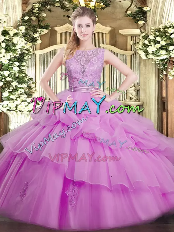 Lilac Ball Gowns Organza Scoop Sleeveless Lace and Ruffled Layers Floor Length Backless Quince Ball Gowns