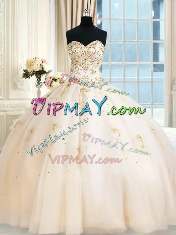 Nice Champagne Ball Gowns Tulle Sweetheart Sleeveless Beading Floor Length Lace Up Quinceanera Gown