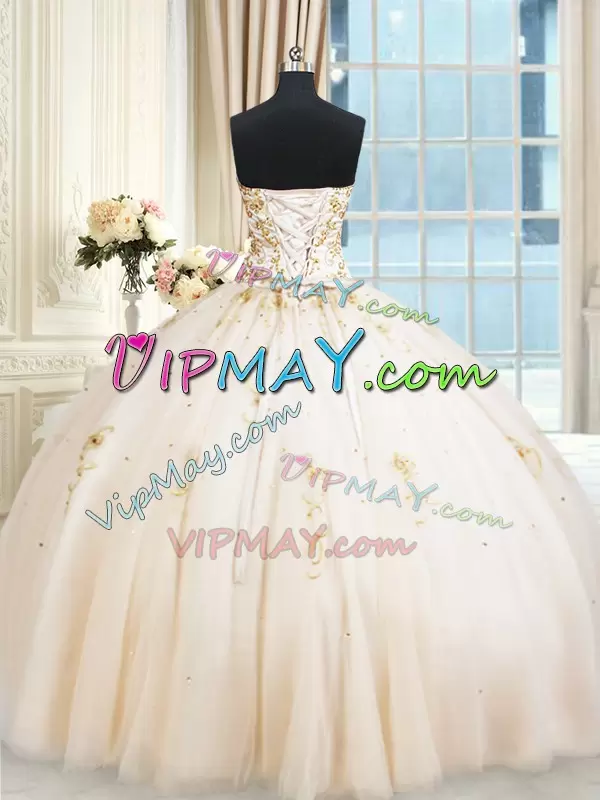 Nice Champagne Ball Gowns Tulle Sweetheart Sleeveless Beading Floor Length Lace Up Quinceanera Gown