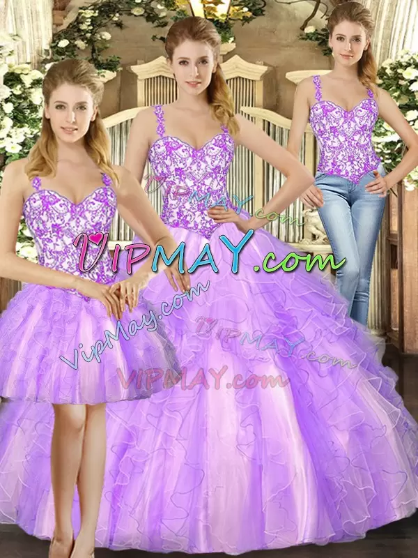 Most Popular Straps Sleeveless Lace Up Sweet 16 Dresses Lilac Organza Beading and Ruffles