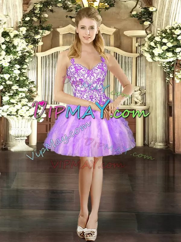 Most Popular Straps Sleeveless Lace Up Sweet 16 Dresses Lilac Organza Beading and Ruffles